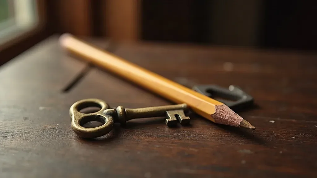 An antique brass key lies beside a sharpened yellow pencil on a dark wooden desk in soft window light.