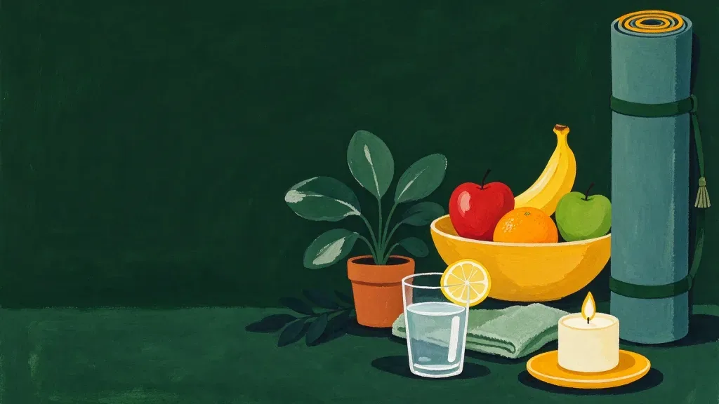 A painting of a bowl of fruit, a glass of water with a lemon slice, a potted plant, a folded towel, a lit candle and a rolled exercise mat on a dark green table.