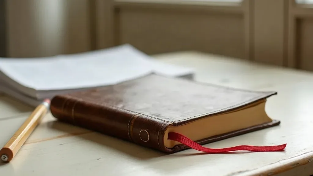 A closed, worn leather Bible with a red ribbon bookmark on a pale wooden table, next to a wooden pencil and a stack of white printed pages in soft window light