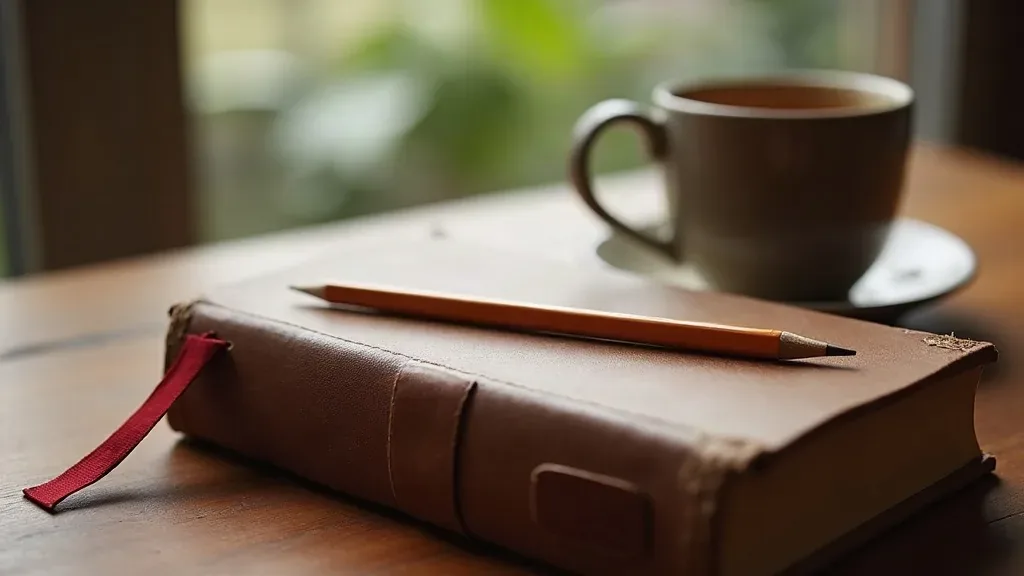 A closed brown leather book with a red ribbon bookmark and a pencil lying across it, beside a cup of tea on a wooden table in soft window light