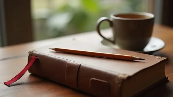 A closed brown leather book with a red ribbon bookmark and a pencil lying across it, beside a cup of tea on a wooden table in soft window light