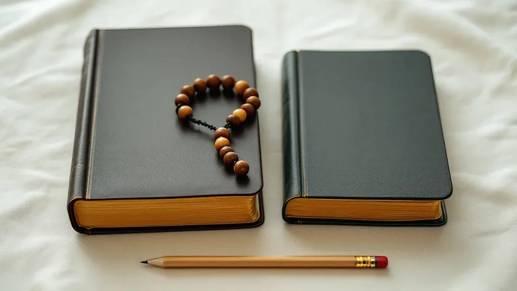 Two closed books with plain dark leather covers and gilded page edges side by side on a cream linen cloth, a wooden rosary resting on the larger one and a sharpened pencil in front