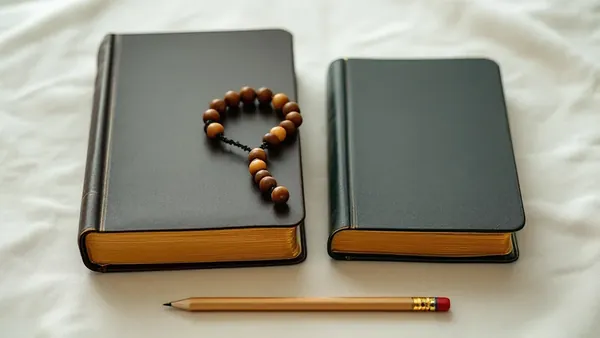 Two closed books with plain dark leather covers and gilded page edges side by side on a cream linen cloth, a wooden rosary resting on the larger one and a sharpened pencil in front