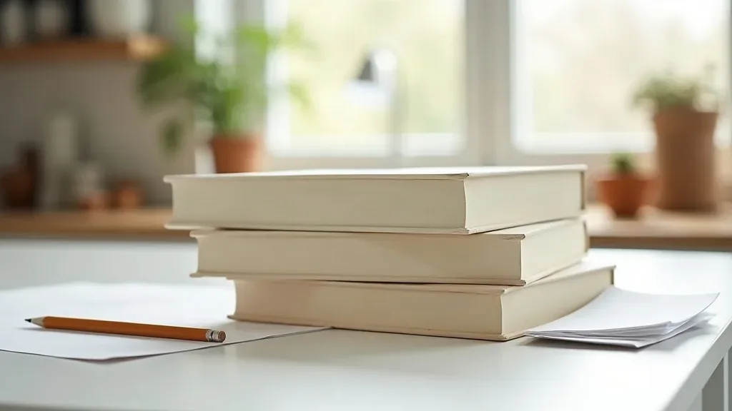 Three plain cream-colored books stacked on a white kitchen table beside loose white sheets and a wooden pencil, with a sunny window and potted plants behind