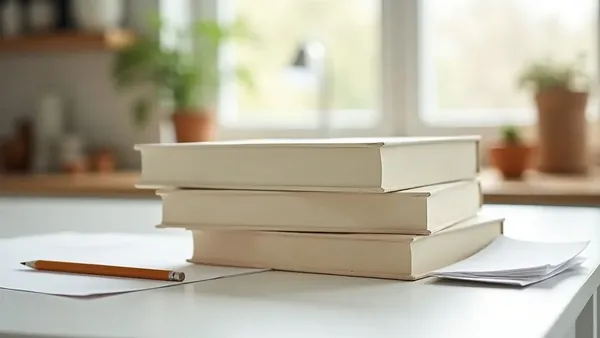 Three plain cream-colored books stacked on a white kitchen table beside loose white sheets and a wooden pencil, with a sunny window and potted plants behind
