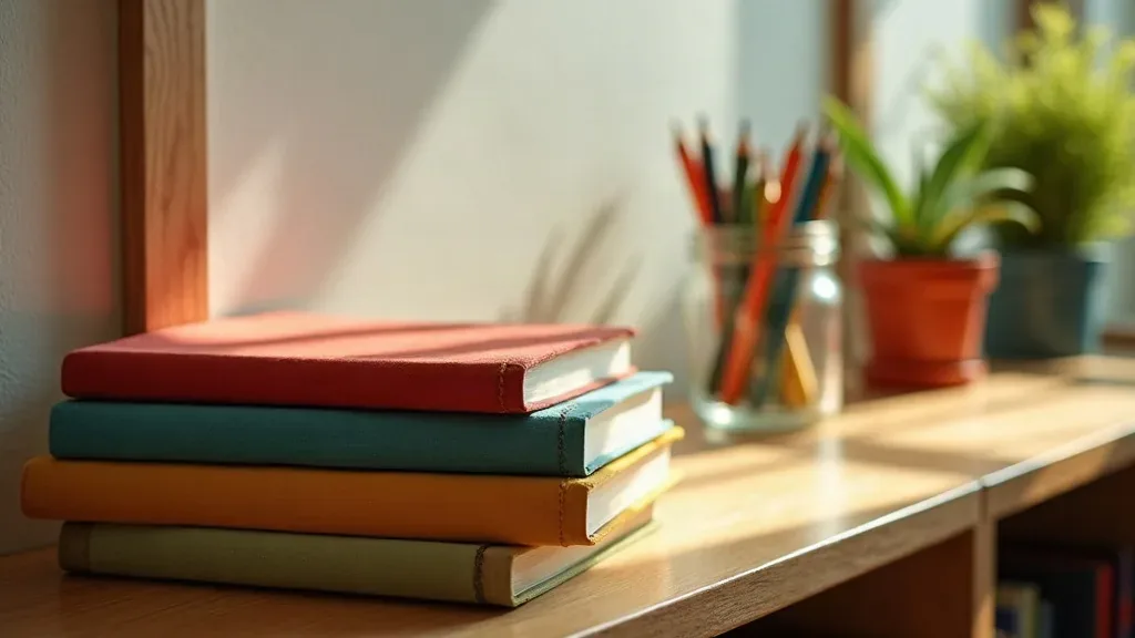 A stack of four plain cloth-bound books in red, teal, orange and sage on a sunlit wooden shelf, next to a glass jar of colored pencils and a potted plant