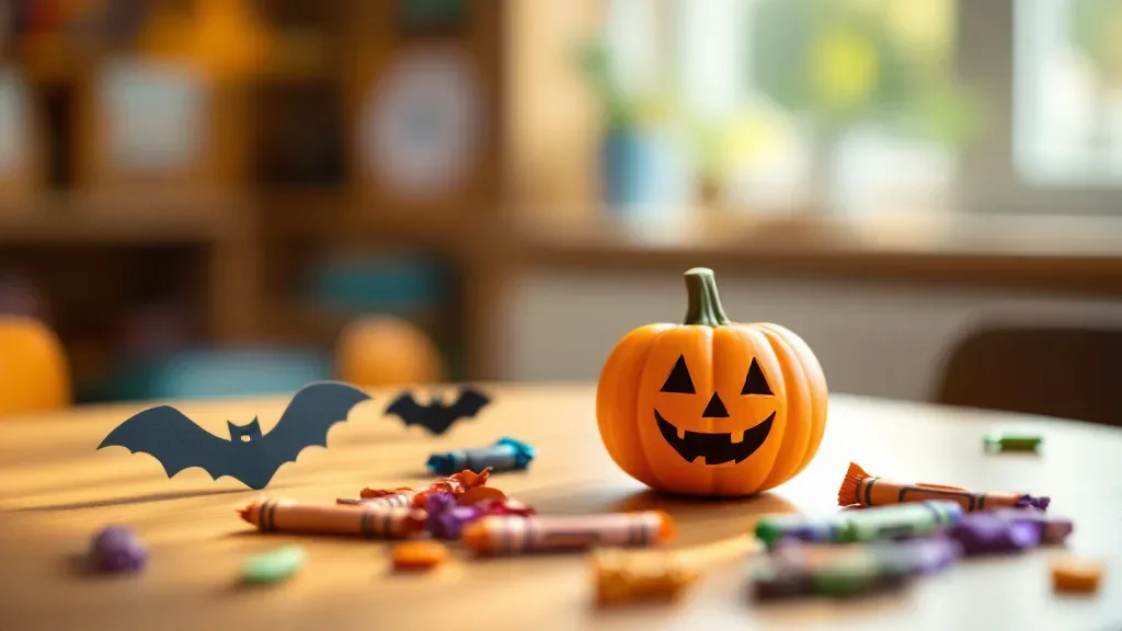 A small orange pumpkin with a friendly smiling carved face on a sunny classroom table, surrounded by black paper bat cut-outs, chunky crayons and foil-wrapped sweets.