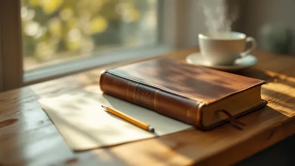 A closed brown leather Bible with a ribbon bookmark and a sharpened pencil on a sheet of cream paper, beside a steaming tea cup in morning window light