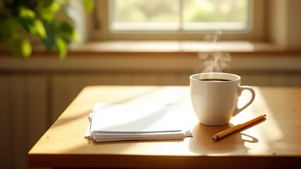 A white coffee cup with rising steam on a sunlit wooden table beside a short stack of paper sheets and a pencil, in front of a bright window.