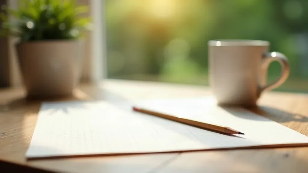 A sharpened pencil lies on a sheet of pale squared paper beside a white mug and a potted plant, with sunlight from a garden window.