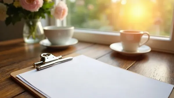 A clipboard with a blank white sheet on a wooden table by a sunny window, with a teacup on a saucer and a vase of pink garden flowers behind it