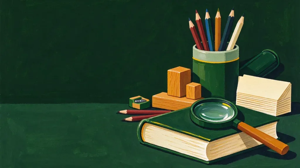 A painting of a magnifying glass resting on a closed green book, beside a pot of coloured pencils, wooden blocks, a pencil sharpener and a stack of cards on a dark green table.