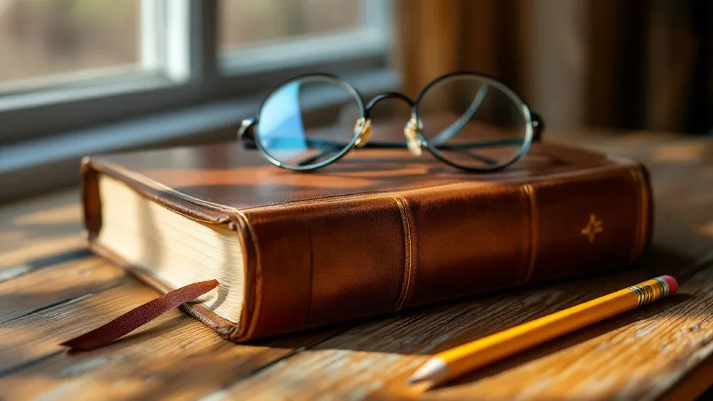 A worn brown leather Bible with round reading glasses on top and a sharpened yellow pencil beside it, on a wooden table in warm window light