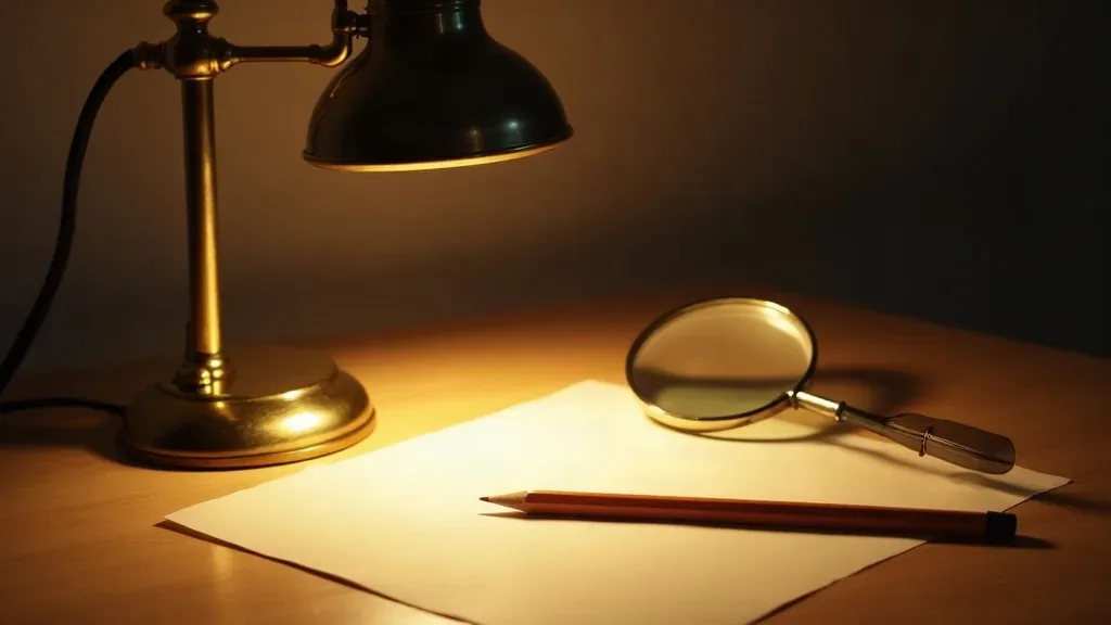 A brass desk lamp lighting a sheet of ivory paper, with a pencil and a magnifying glass resting on it