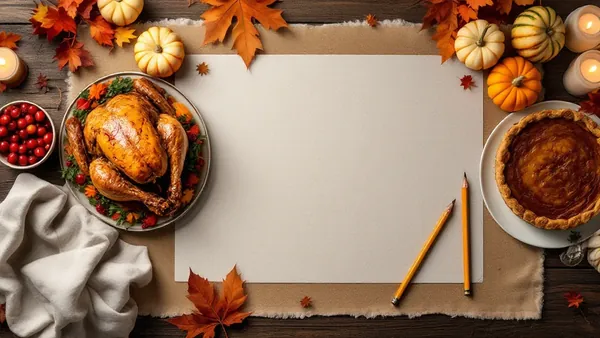 A Thanksgiving table seen from above with a roast turkey, a pumpkin pie, cranberries, small pumpkins and autumn leaves around a blank placemat with two yellow pencils