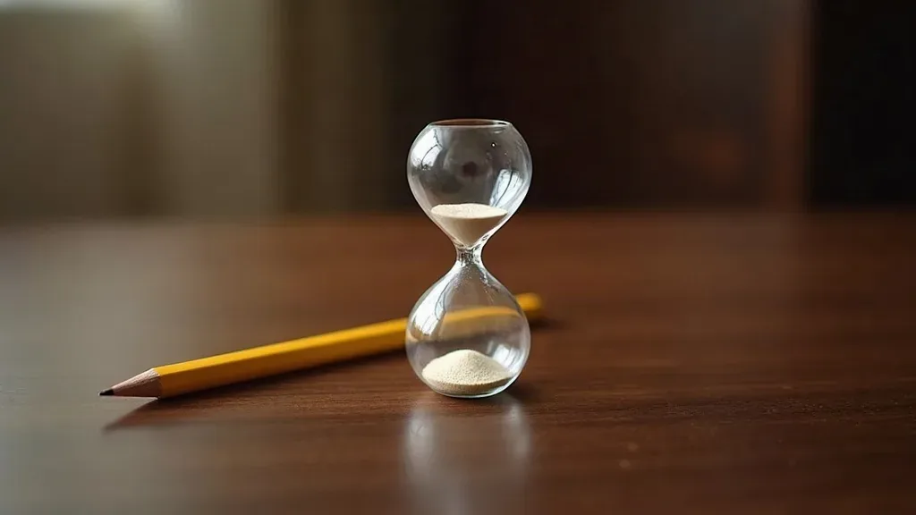A sharpened yellow pencil lying beside a glass sand hourglass on a dark wooden desk in warm light