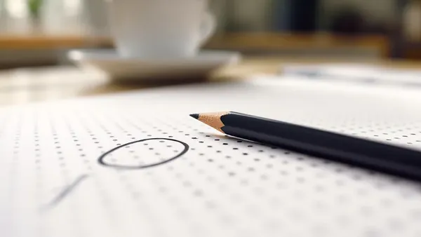 A graphite pencil in sharp focus on a printed page covered in a grid of small dots, with one pencil-drawn oval loop around a short row of dots and a white teacup blurred in the background.