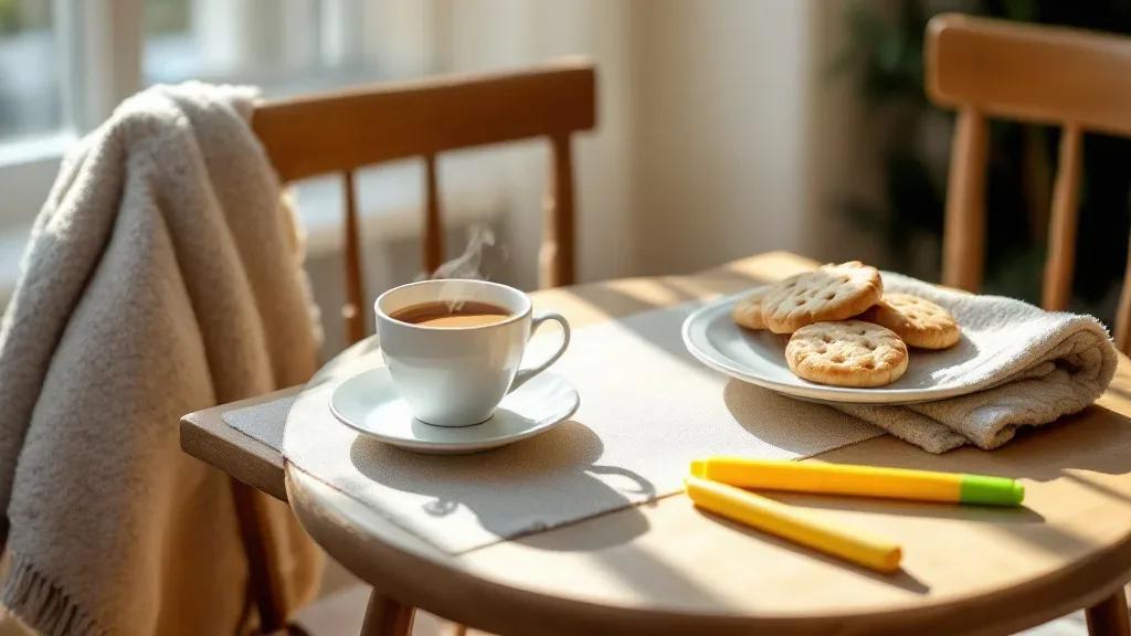 A calm sunlit table by a window with a cup of tea, a plate of biscuits and a yellow highlighter, and a chair with a folded wool blanket beside it.