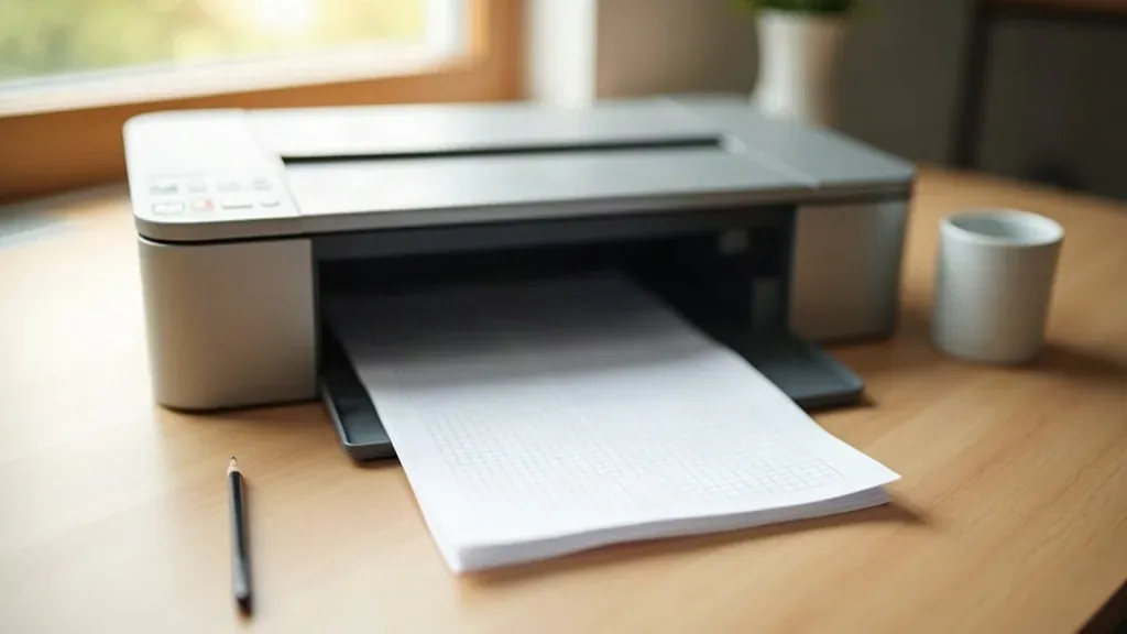 A home inkjet printer on a wooden desk with one white sheet half out of the tray, printed with a fine square grid, beside a pencil and a plain cup in morning light.