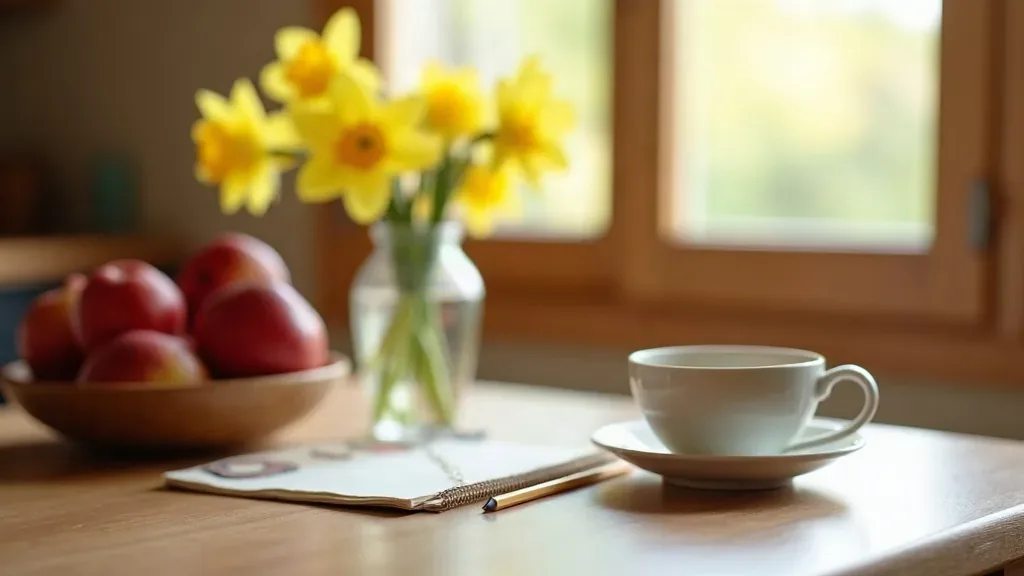 A sunny wooden kitchen table with a white teacup, a pencil, a small notebook, a bowl of red apples and a glass vase of yellow daffodils in front of a window