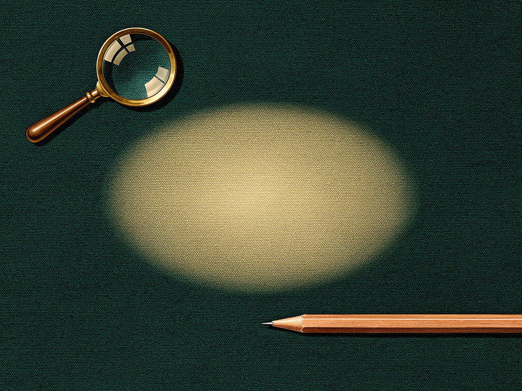 Engraved dark green tabletop in a pool of lamplight, with a brass magnifying glass and a pencil