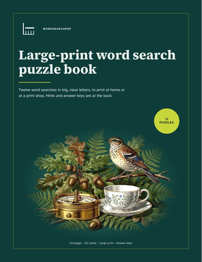 Cover of the large-print word search puzzle book, lying on the table