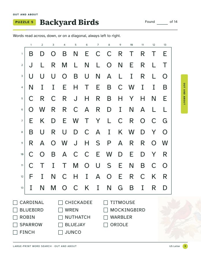 Page 9, Backyard Birds puzzle with diagonal words