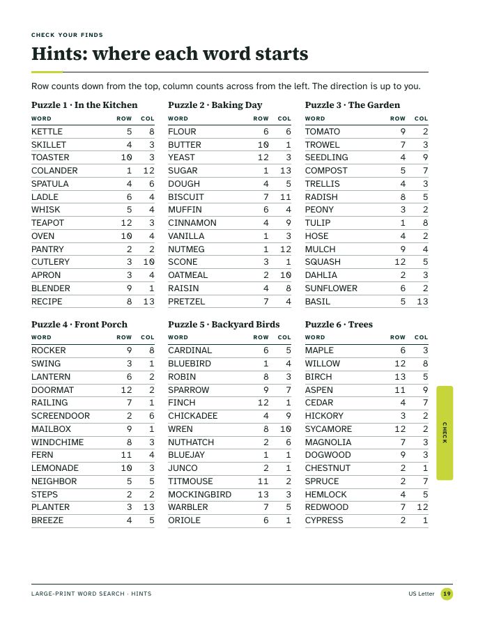 Page 19, hints listing each word's start row and column
