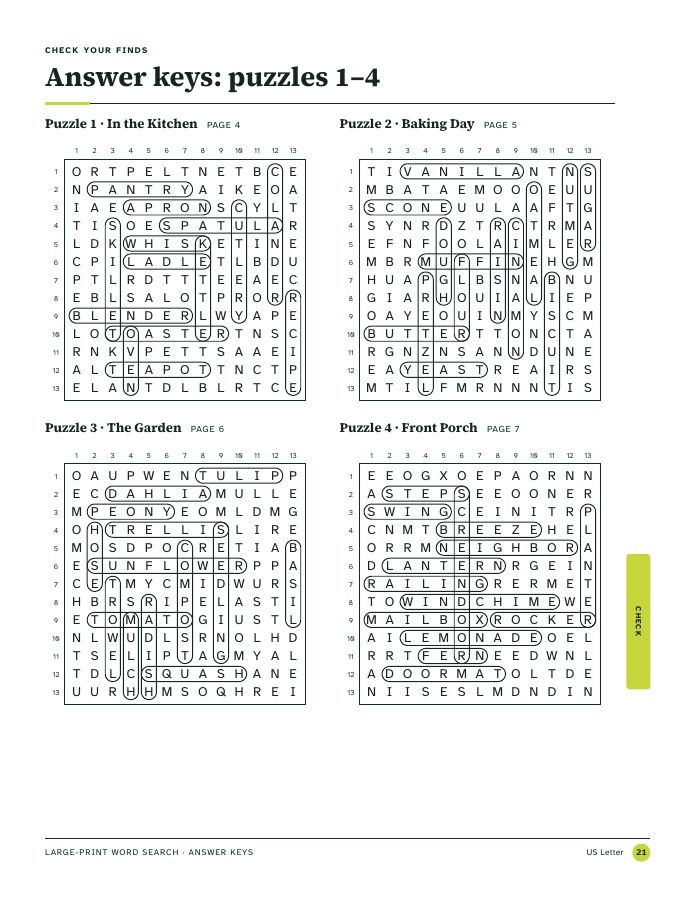 Page 21, answer keys for puzzles 1 to 4